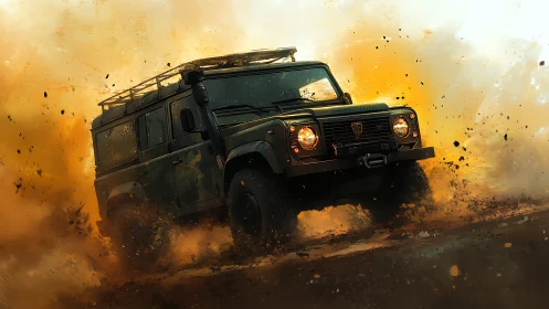 Rugged off road truck storms through blazing desert dust