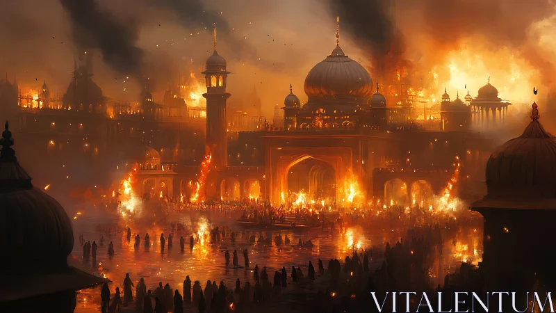 Blazing domes over dusklit river, a city crowned in embers.