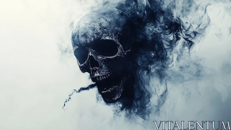 Skull emerges from swirling dark smoke on pale background