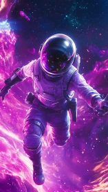 Astronaut in violet plasma nebula with reflective visor and suit