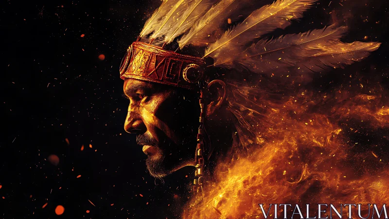 Flaming warrior portrait merges feathered headdress and embers