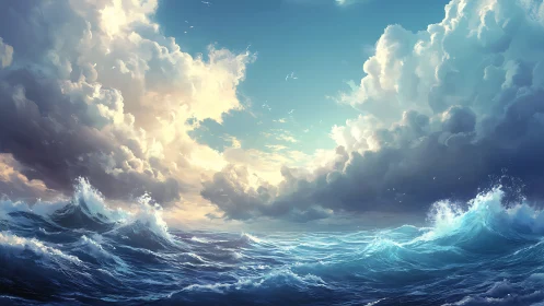 Dynamic ocean waves under expansive cumulus cloudscape.