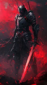 Bloodlit warlord pauses as embers orbit his cursed blade