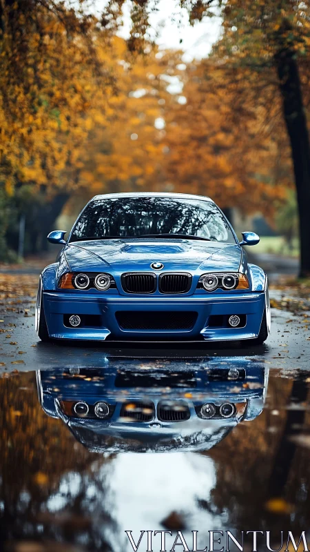 Autumn alley reflections with vivid blue sports sedan front.