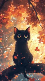 Black Cat with Glowing Eyes in Autumn Fire.
