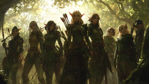 Elven ranger cohort in dappled forest light, digital painting.