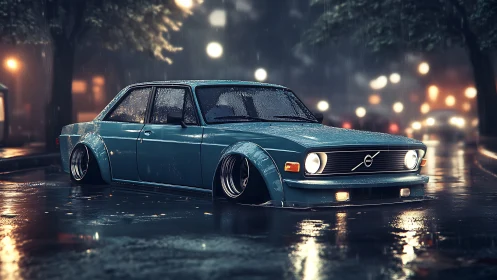 Low-slung blue classic cruising through a rainy city night.