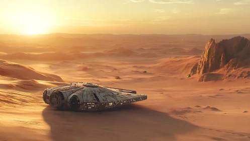 Futuristic starship rests on sunlit alien desert dunes.