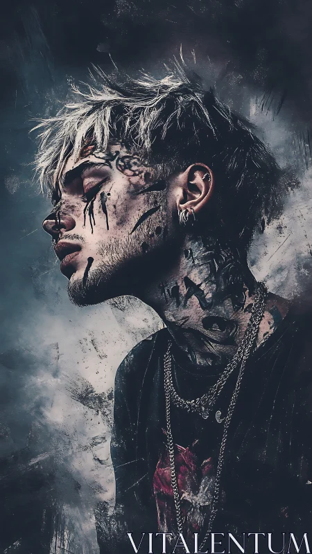 Moody tattooed portrait bathed in stormy, dreamlike light.