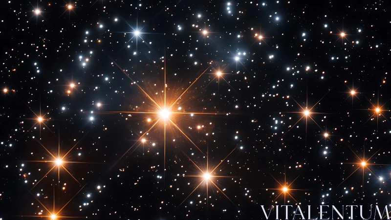 Dense stellar field with orange diffraction spikes in space.