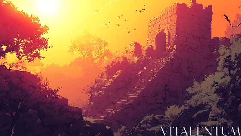 Sunlit forest ruins inviting quiet, golden hour wandering.