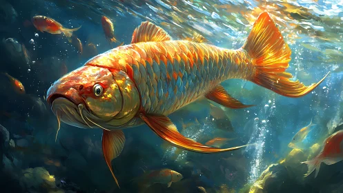 Golden koi rendered in dynamic underwater digital painting