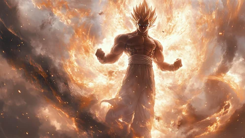 Powerful anime warrior in blazing fiery energy aura.
