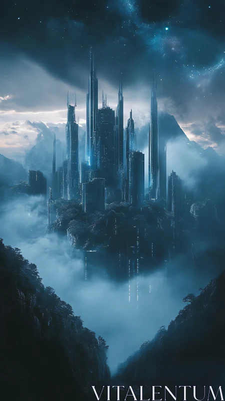 Futuristic mountain citadel rising through midnight mist.