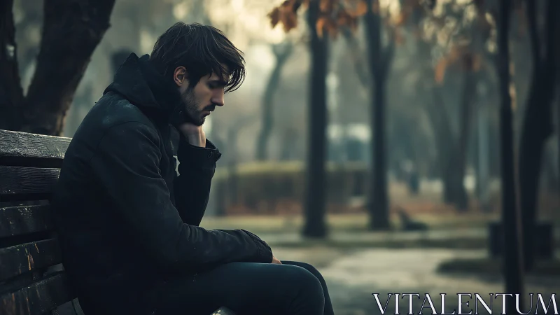 Melancholic young man sits alone on a misty autumn park bench
