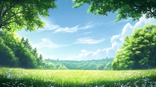 Sunlit wildflower meadow framed by lush summer forest.