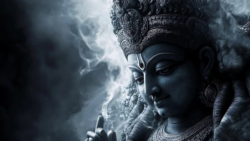 Monochrome digital render depicts ornate deity portrait