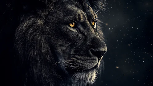 Side profile of dark-maned lion with illuminated eyes.