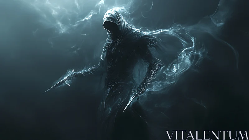 Shadowy wraith strides through swirling mist with silent blades