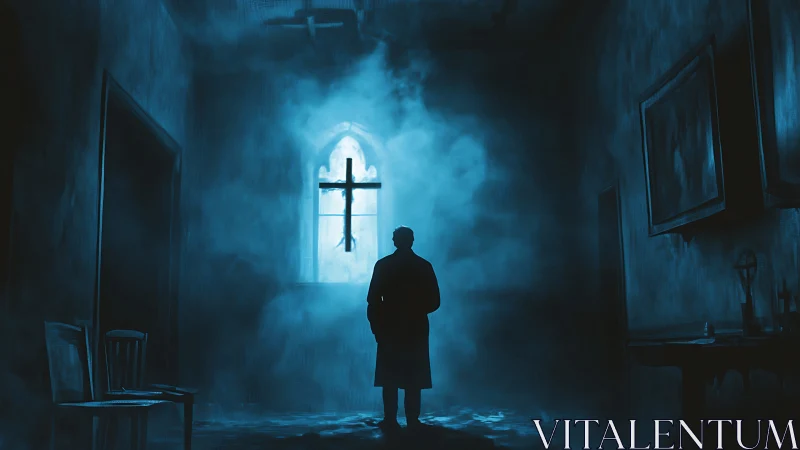 Silhouetted priest confronts luminous cross in smoky chapel