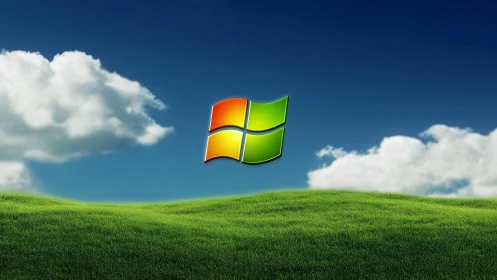 Windows logo on grassy hill with blue sky, digital art style.
