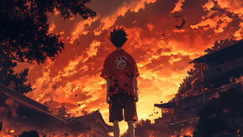 Lone youth beneath blazing anime sunset skyscape.