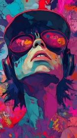 Chromatic audio-visual portrait with reflective neon goggles.