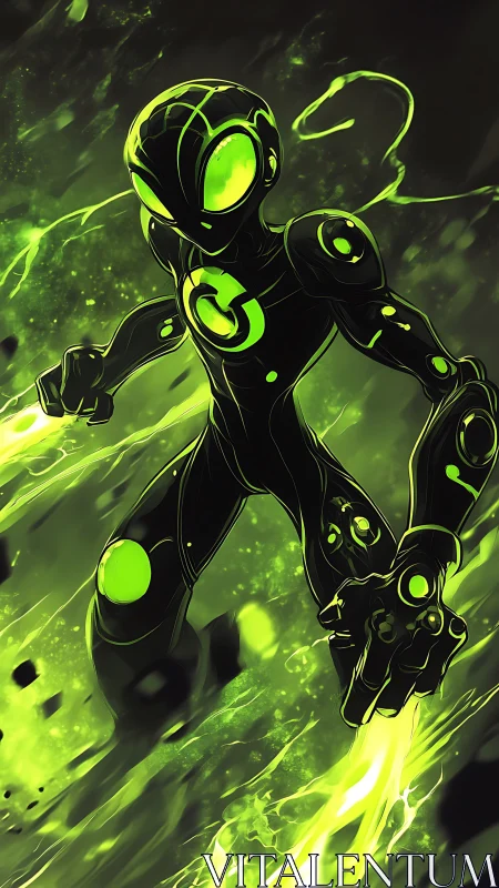 Neon cyber hero surges through toxic green energy storm.