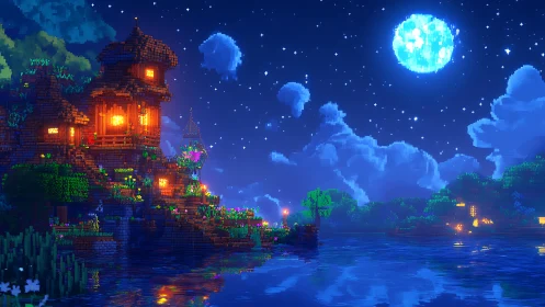 Pixelated lakeside house under bright moonlit night.
