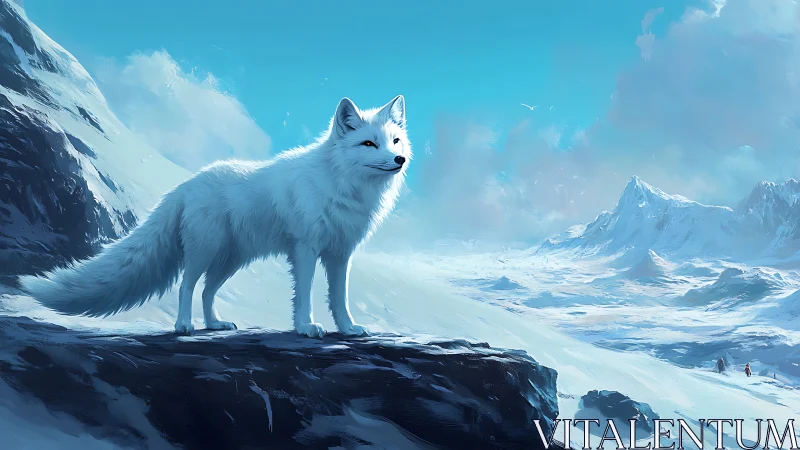 Snowlit arctic fox overlooking a boundless crystal tundra.