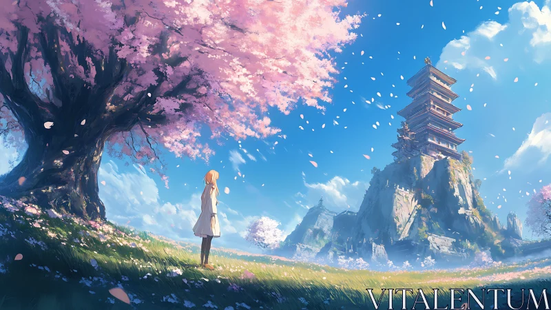 Blossom-wreathed tower dream under drifting sakura skies.