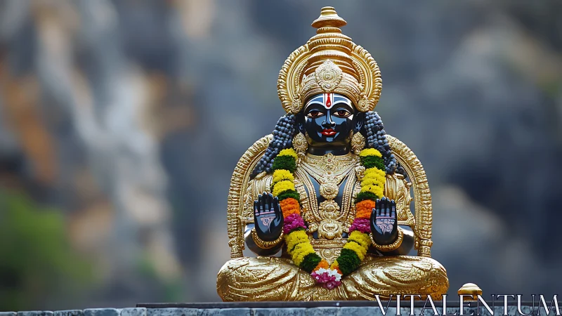 Ornate black stone deity idol in gold embellishment against bokeh