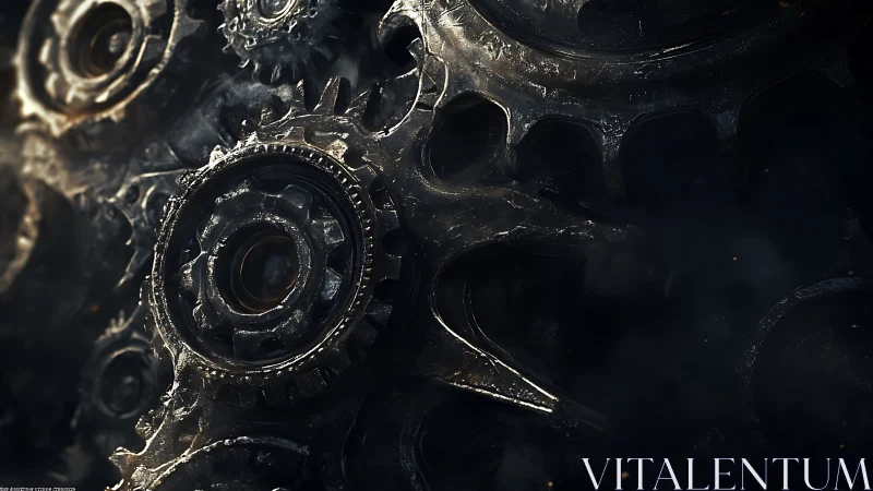 Close-up of interlocking dark metal gears in motion