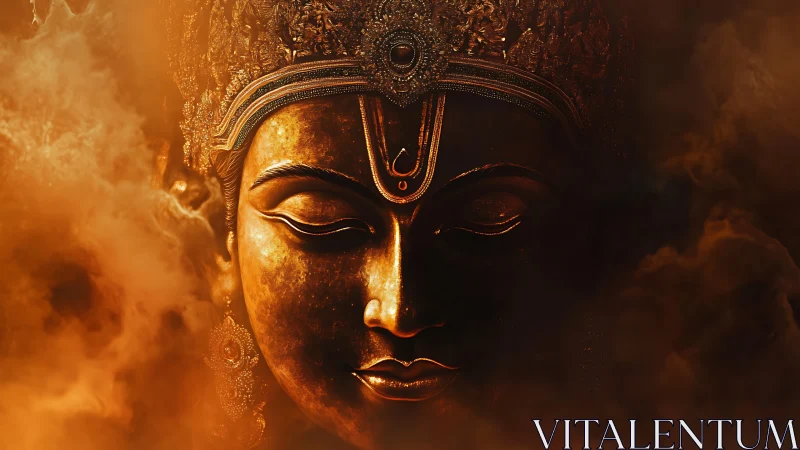 Golden serene goddess face emerging from mystical smoke.