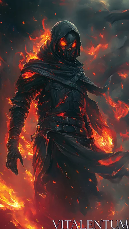 Ember-eyed wraith strolls calmly through a storm of fire