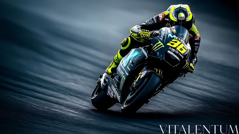 MotoGP rider leans into wet asphalt corner at speed.
