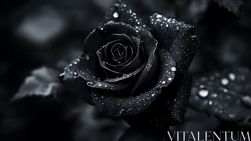 Close-up monochrome black rose with surface water droplets.