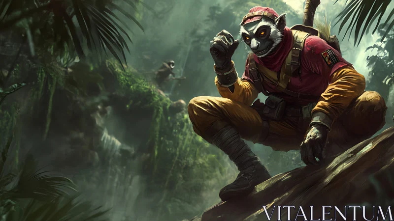 Jungle scout lemur pauses on a mossy ledge in quiet alert