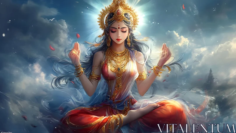 Divine celestial goddess in radiant sky meditation pose.