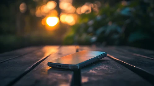 Smartphone rests where urban twilight bathes surfaces in golden reverie.
