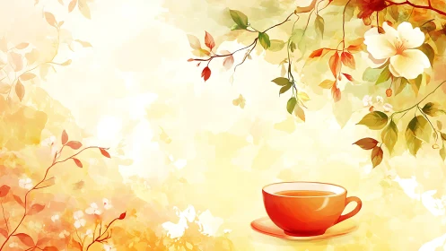 Amber morning teacup beneath drifting watercolor leaves.