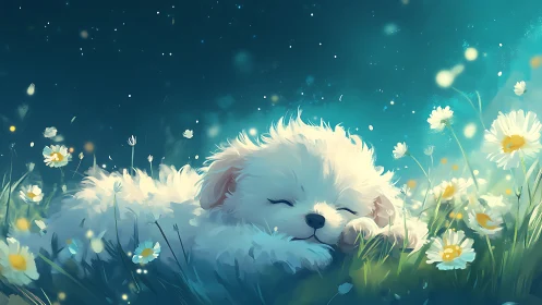 Moonlit puppy nap among whispering daisy fireflies.