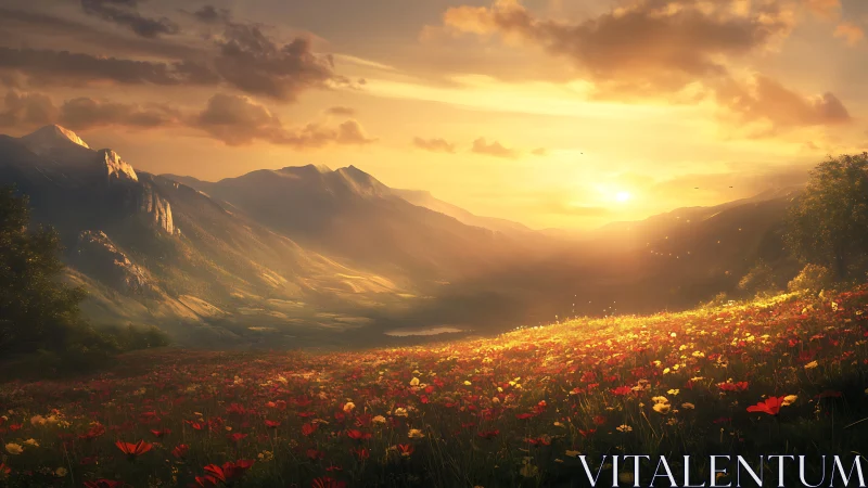 Sunlit wildflower valley leans into a molten mountain sunrise