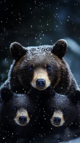 Mother bear and two cubs in falling winter snow.