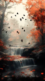 Autumn waterfall forest with ravens in misty twilight.