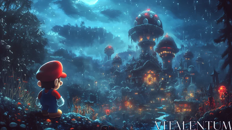 Plumber character facing glowing mushroom city at night