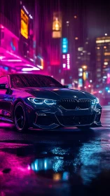 Neon-soaked sports sedan under cyberpunk city rainstorm.