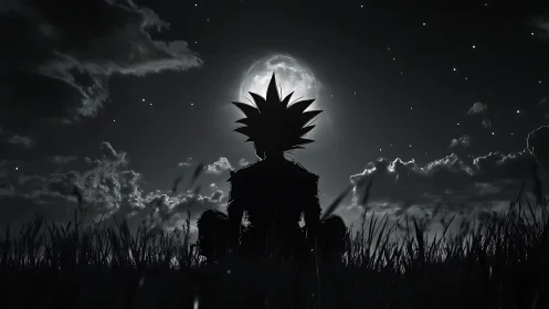 Monochrome anime silhouette under backlit lunar skyline.