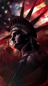 Digital painting of Statue of Liberty with dramatic flag backdrop.