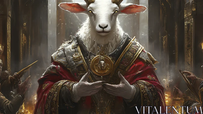 Regal goat cleric presides over burning cathedral throne